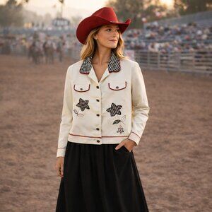 VTG Cowgirl jacket women's 10 black gingham/white retro country western floral